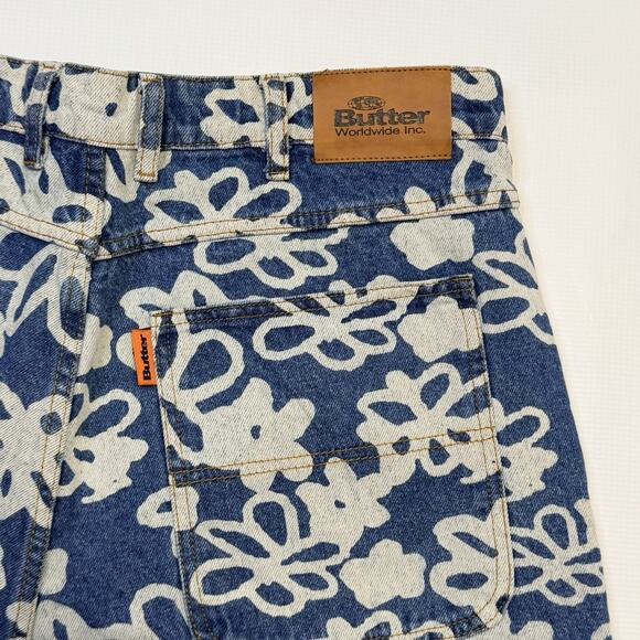 Butter Goods Baggy Jeans Mens 36 Blue White Floral Print Denim Pants Streetwear - Picture 4 of 16
